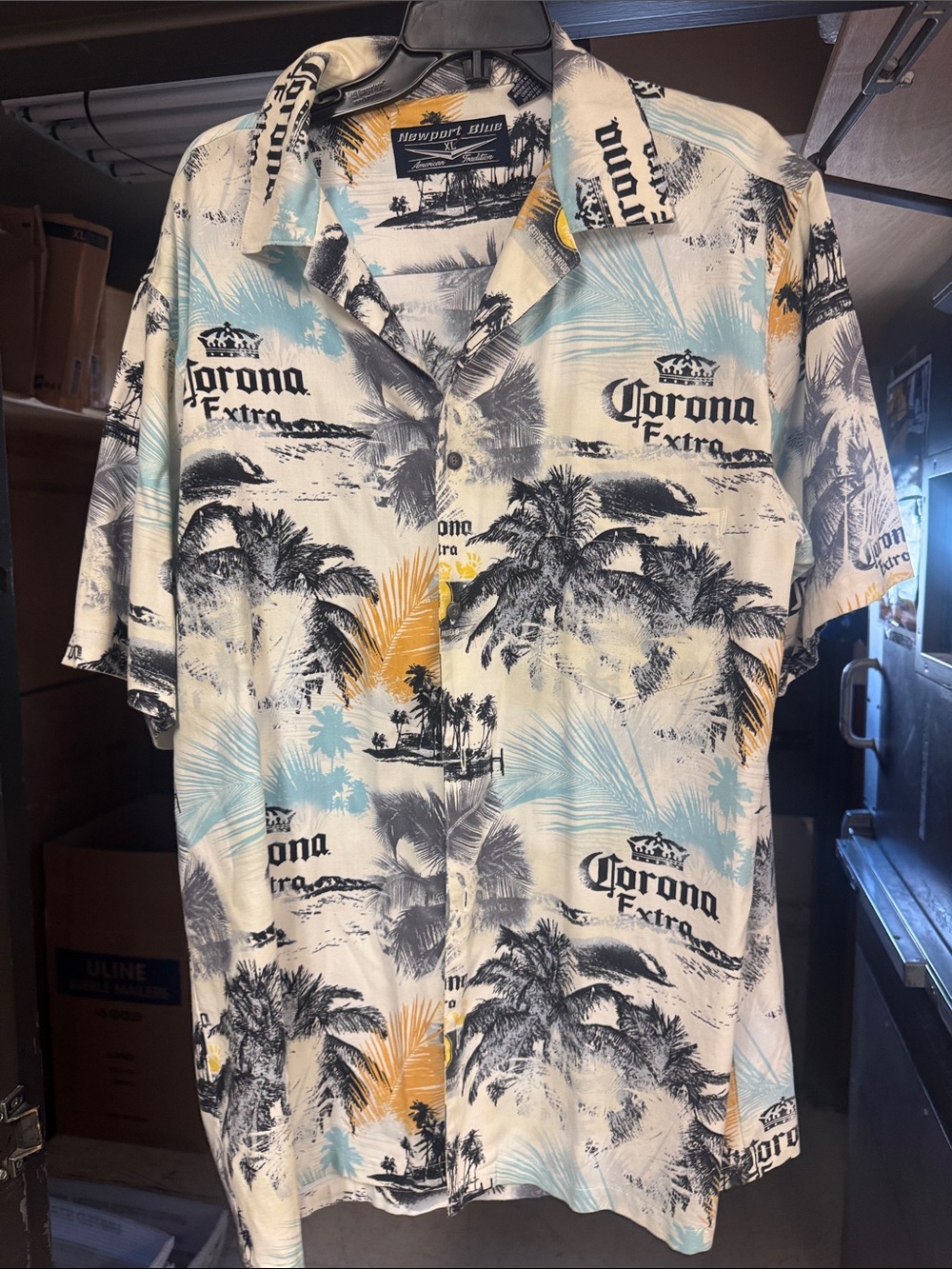Corona Extra Men’s Short-Sleeve Camp Shirt - Cream with Blue & Black Print